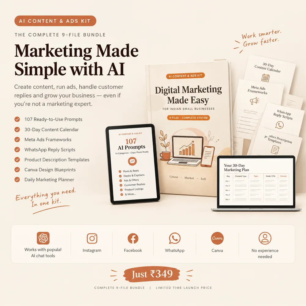Kit cover — Marketing Made Simple with AI: the complete 9-file bundle for Indian small businesses, ₹349